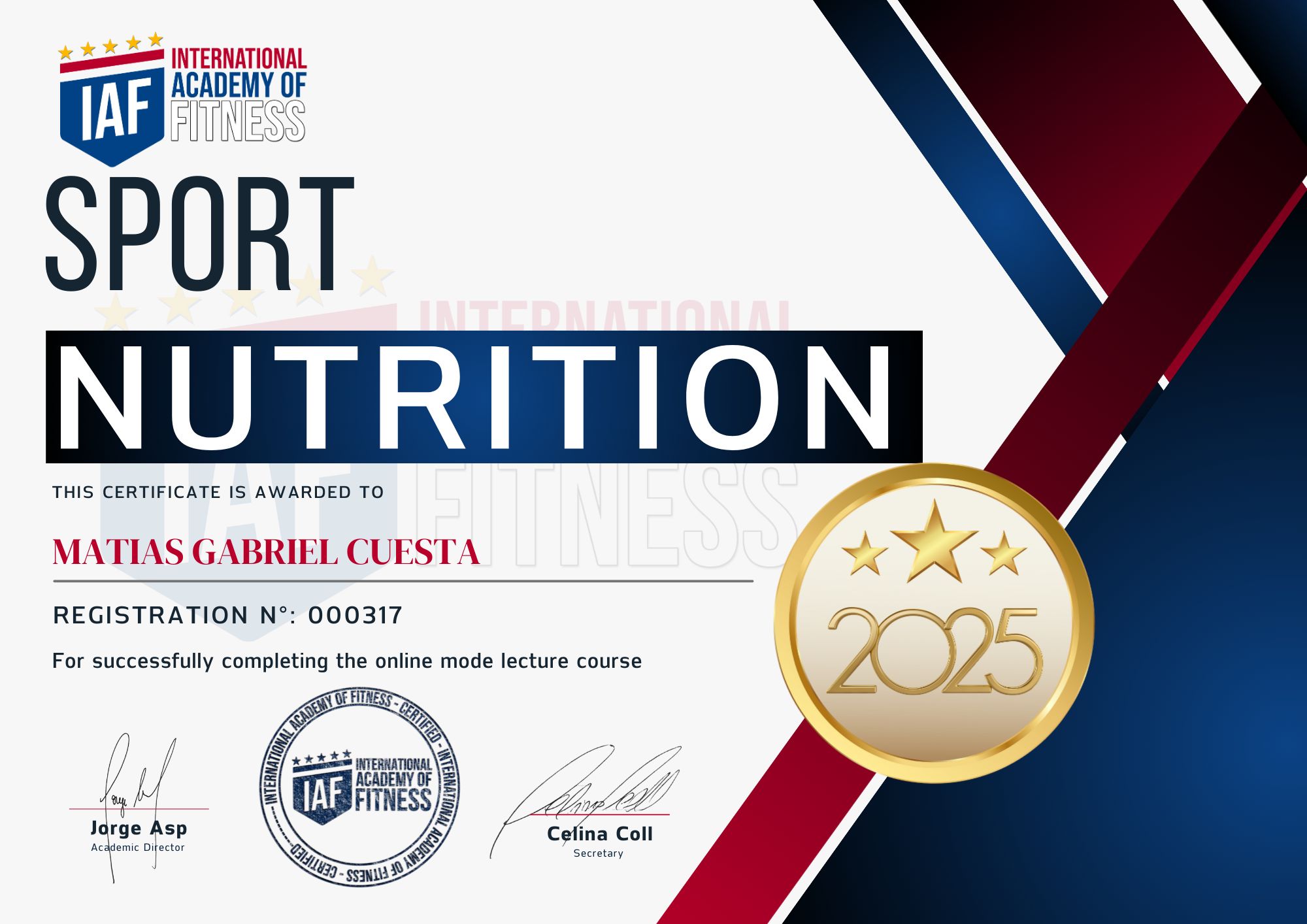 Certificado de Nutrición Deportiva, International Academy of Fitness