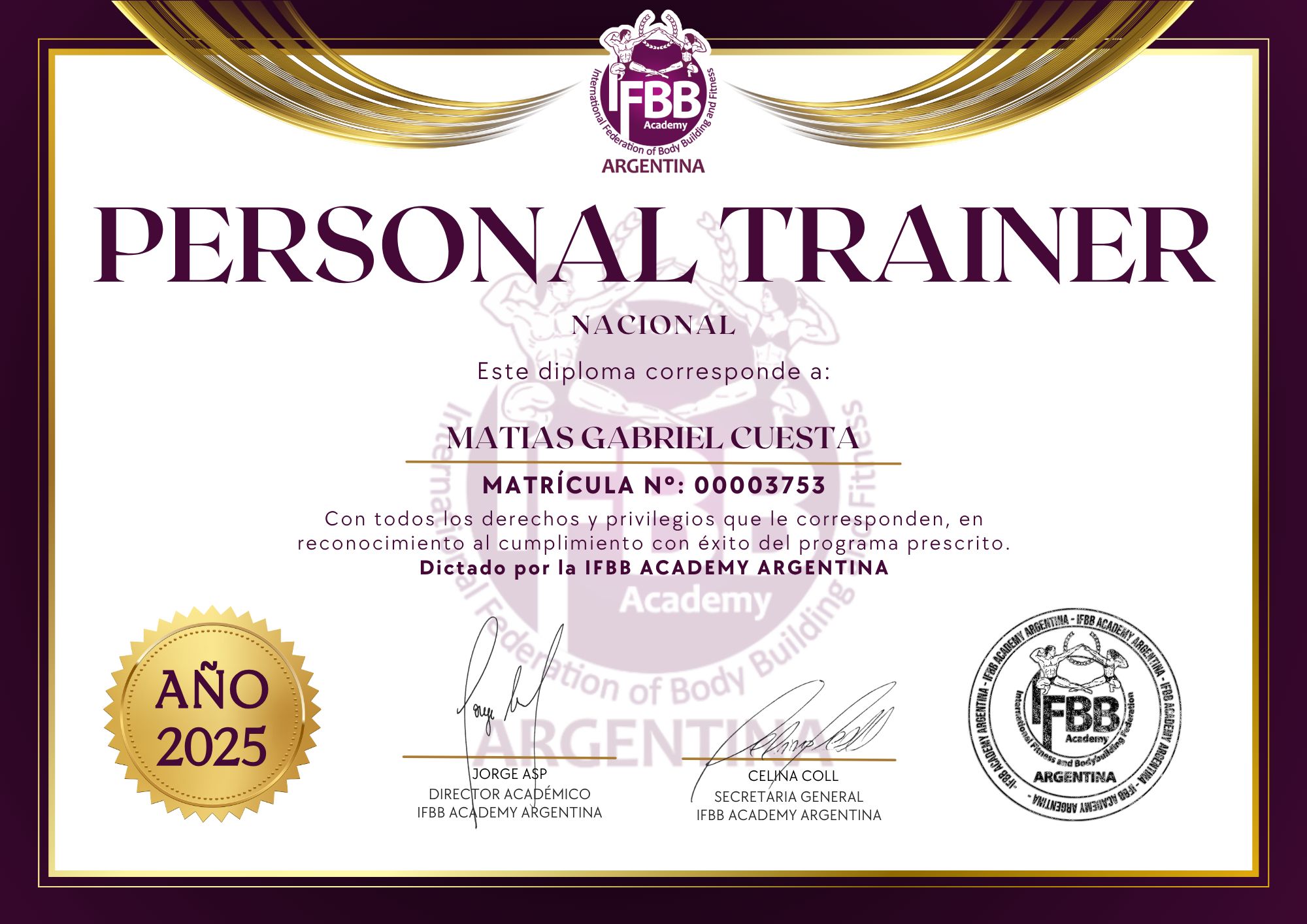 Certificado de Personal Trainer, IFBB Academy Argentina